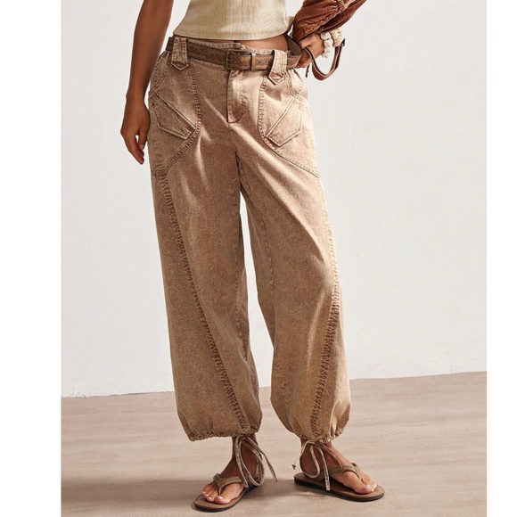 Mineral Wash Pockets Tie Cuff Denim Cotton Pants - Picture 2 of 7